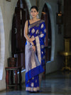 Banarasee Handloom Semi Katan Saree With Zari Buta Work & Border-Blue