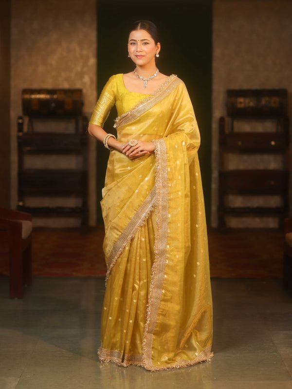 Banarasee Handwoven Tissue Saree Zari Buti With Lace-Mustard Yellow