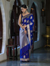 Banarasee Handloom Semi Katan Saree With Zari Buta Work & Border-Blue