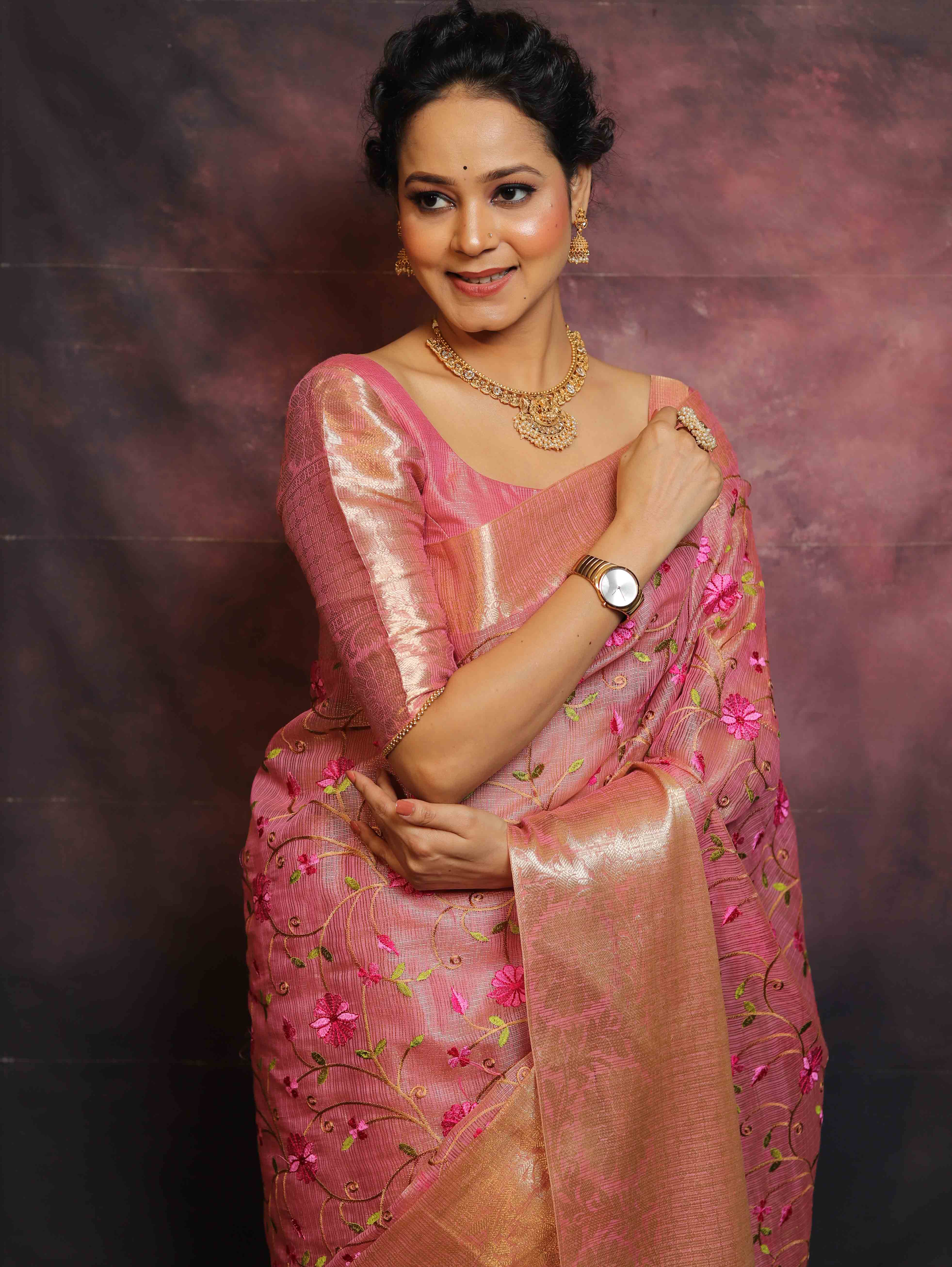 Banarasee Handwoven Broad Border Tissue Saree With Embroidered Floral Buta-Pink