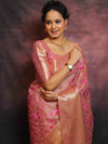 Banarasee Handwoven Broad Border Tissue Saree With Embroidered Floral Buta-Pink