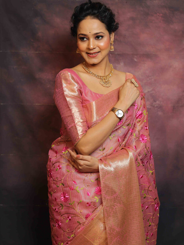 Banarasee Handwoven Broad Border Tissue Saree With Embroidered Floral Buta-Pink