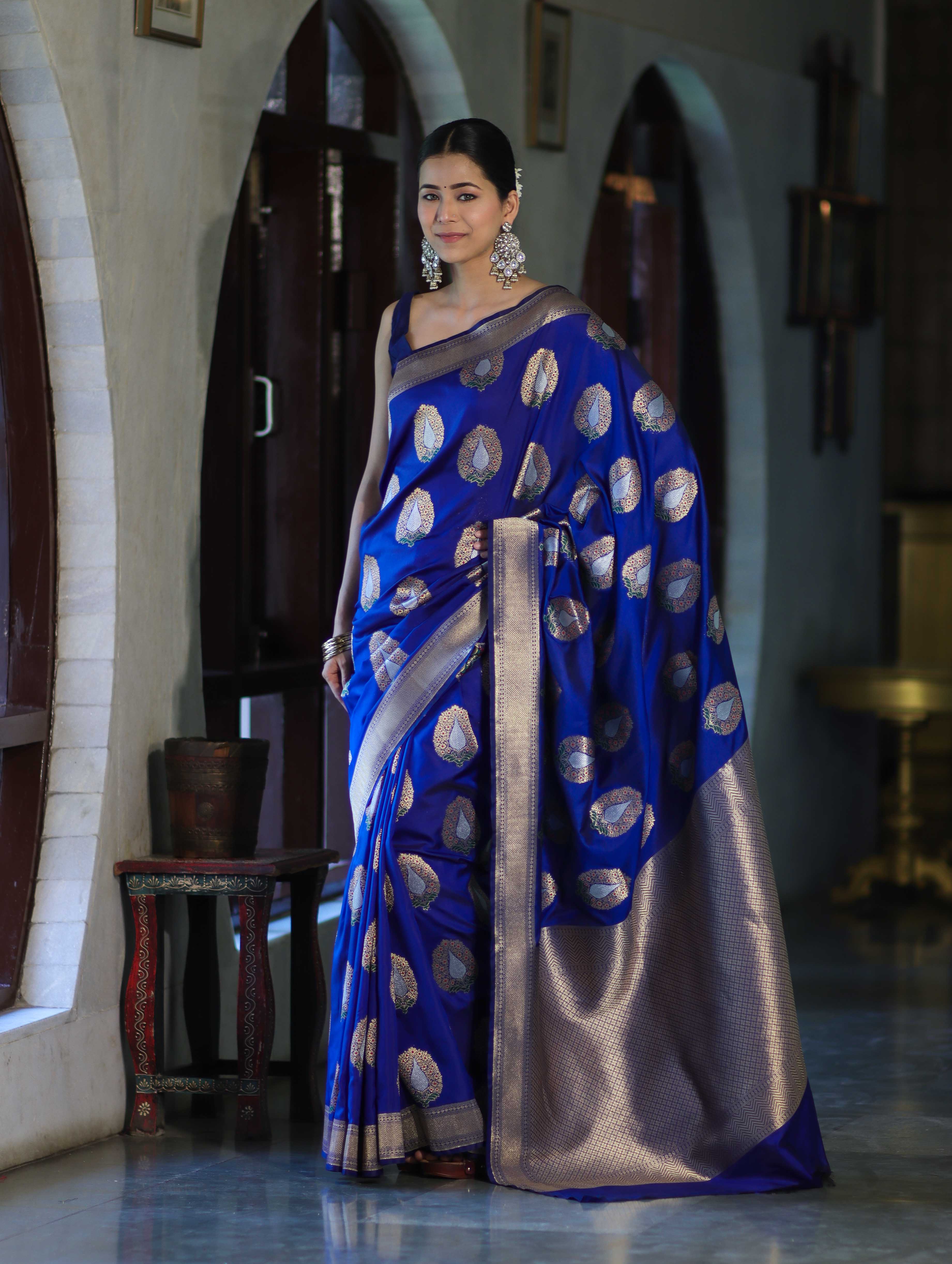 Banarasee Handloom Semi Katan Saree With Zari Buta Work & Border-Blue