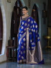 Banarasee Handloom Semi Katan Saree With Zari Buta Work & Border-Blue
