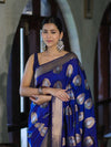 Banarasee Handloom Semi Katan Saree With Zari Buta Work & Border-Blue