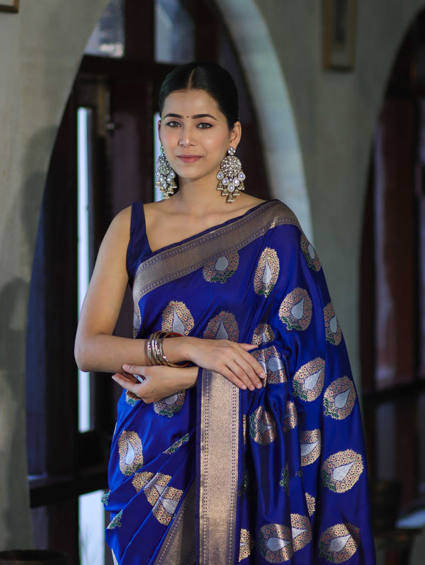 Banarasee Handloom Semi Katan Saree With Zari Buta Work & Border-Blue