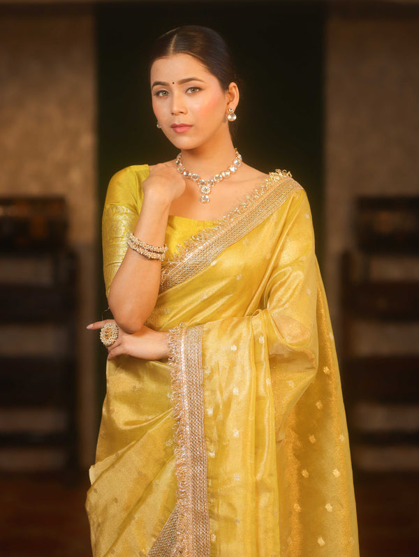 Banarasee Handwoven Tissue Saree Zari Buti With Lace-Mustard Yellow