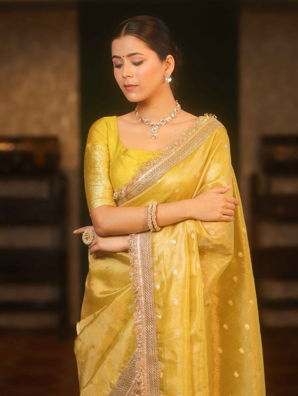 Banarasee Handwoven Tissue Saree Zari Buti With Lace-Mustard Yellow