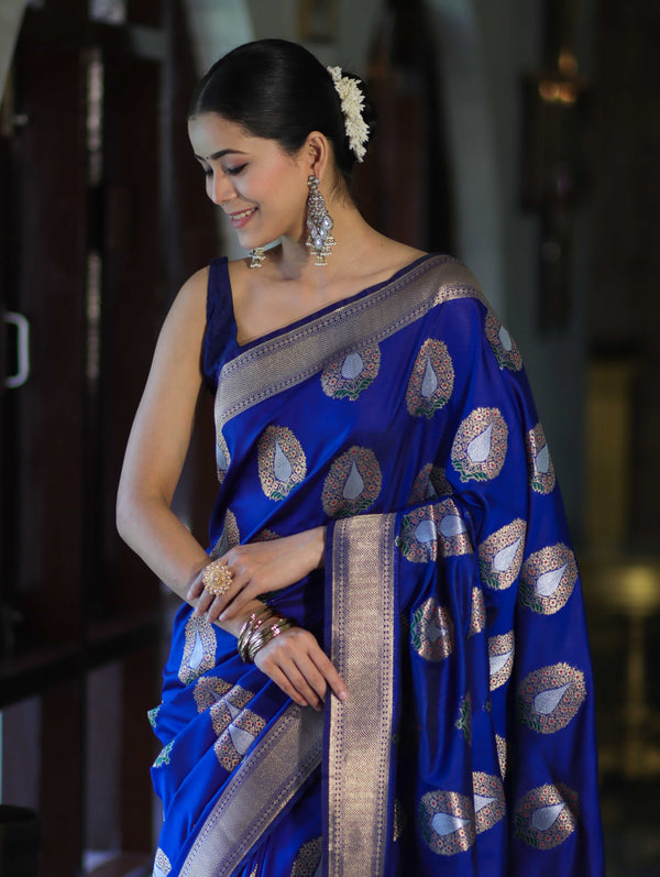 Banarasee Handloom Semi Katan Saree With Zari Buta Work & Border-Blue