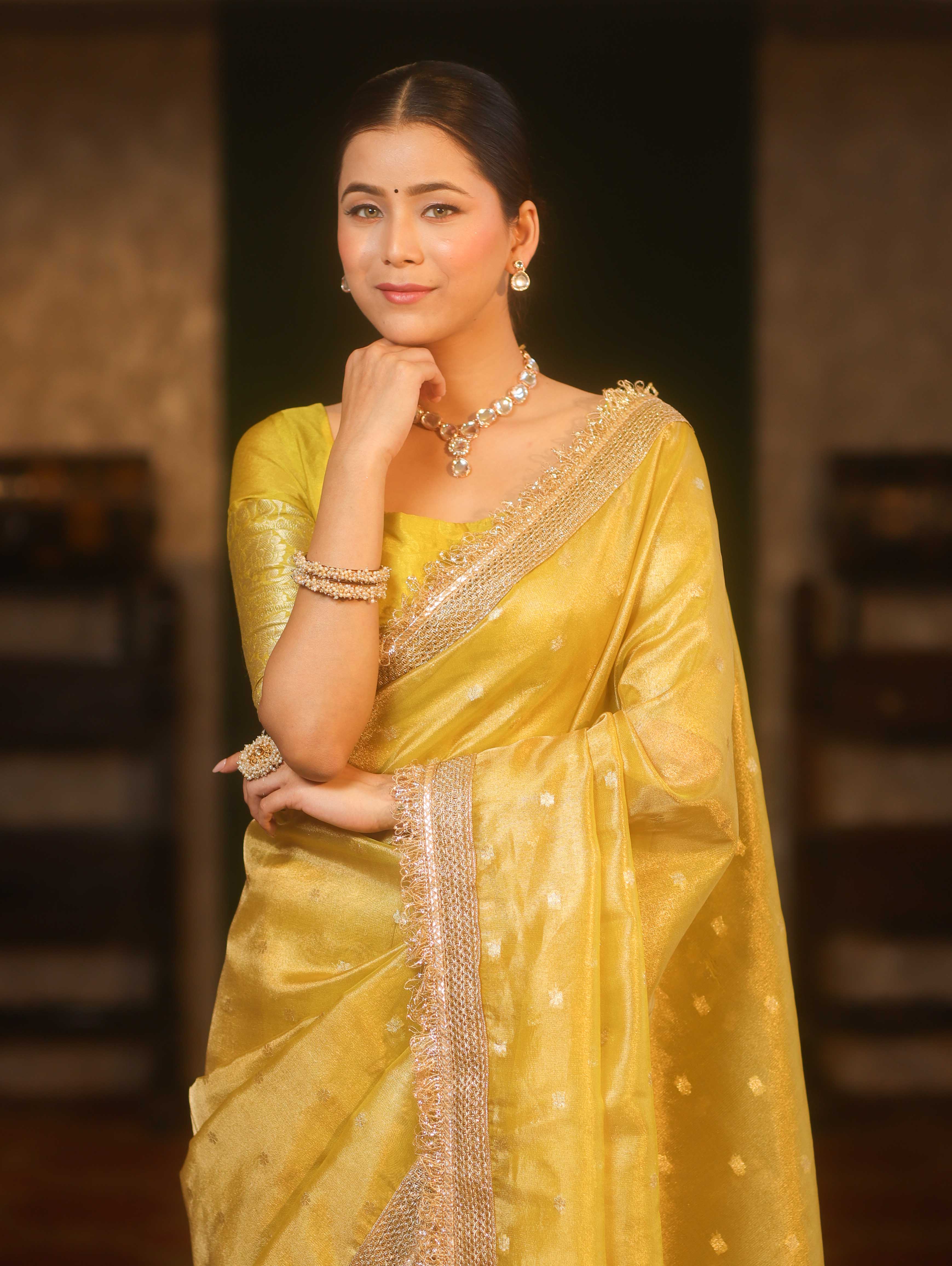 Banarasee Handwoven Tissue Saree Zari Buti With Lace-Mustard Yellow