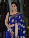Banarasee Handloom Semi Katan Saree With Zari Buta Work & Border-Blue