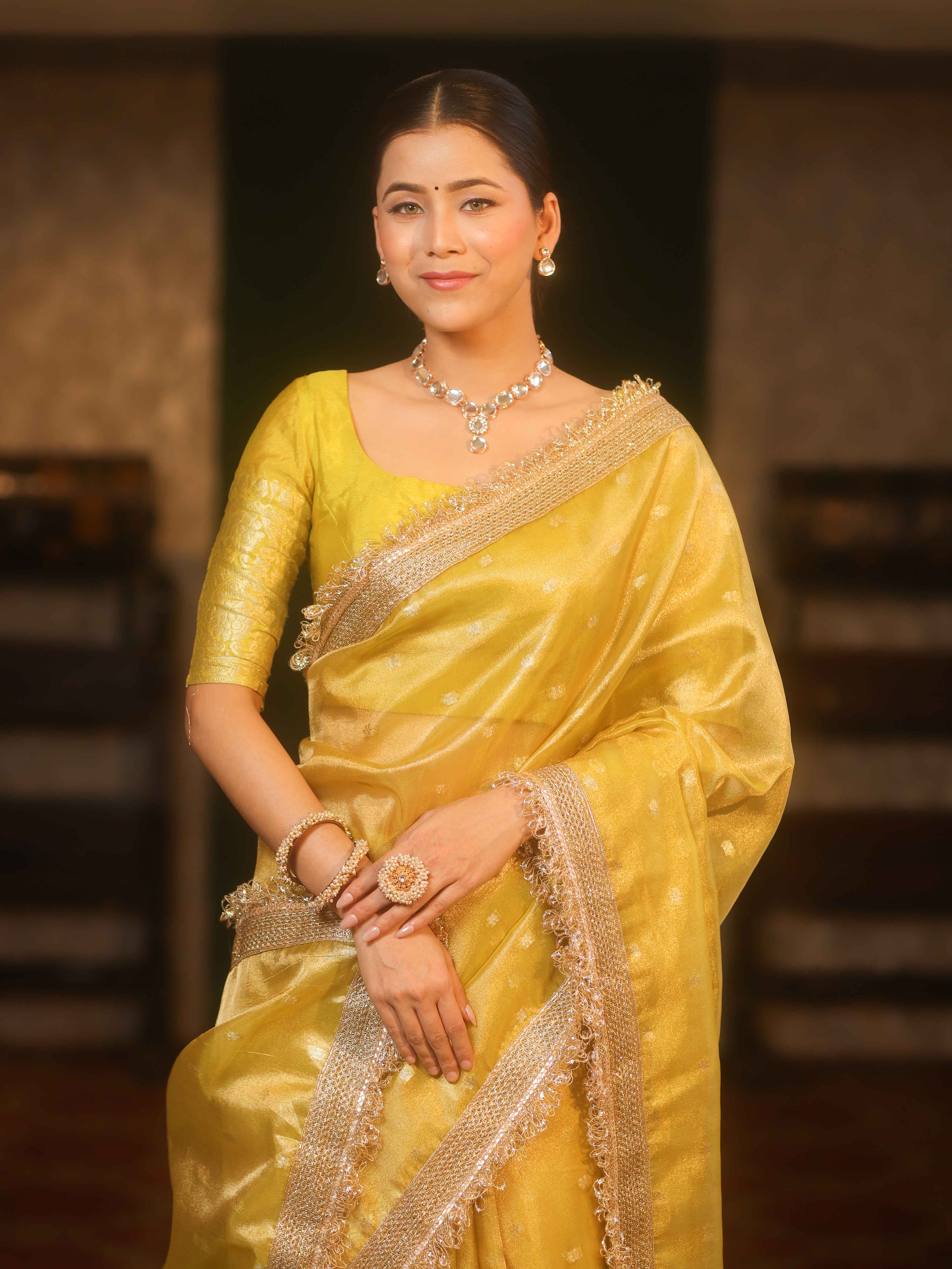 Banarasee Handwoven Tissue Saree Zari Buti With Lace-Mustard Yellow