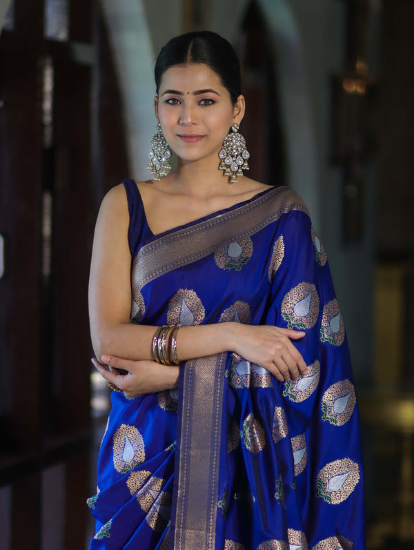 Banarasee Handloom Semi Katan Saree With Zari Buta Work & Border-Blue