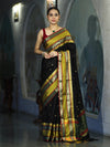 Banarasee Handloom Semi Silk Saree With Buti Design & Contrast Broad Border-Black & Lime Yellow