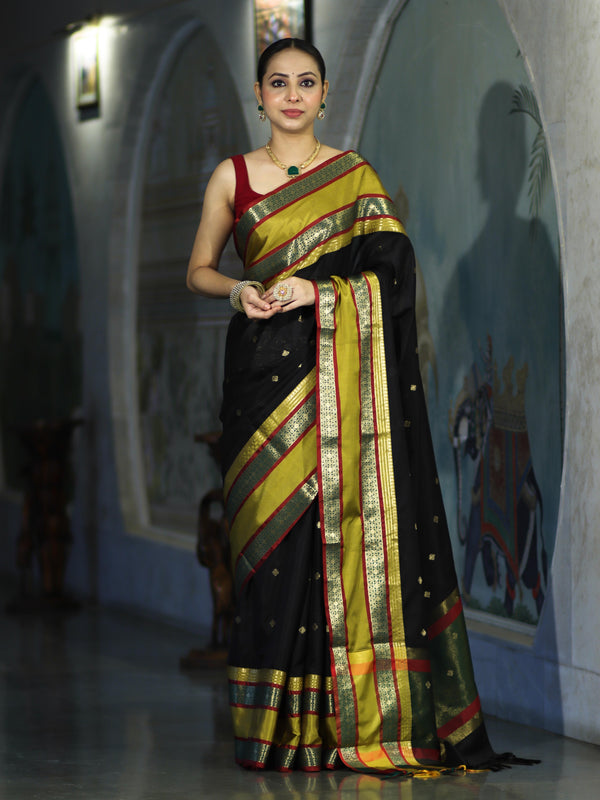 Banarasee Handloom Semi Silk Saree With Buti Design & Contrast Broad Border-Black & Lime Yellow