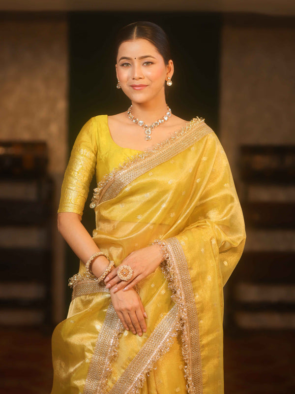 Banarasee Handwoven Tissue Saree Zari Buti With Lace-Mustard Yellow