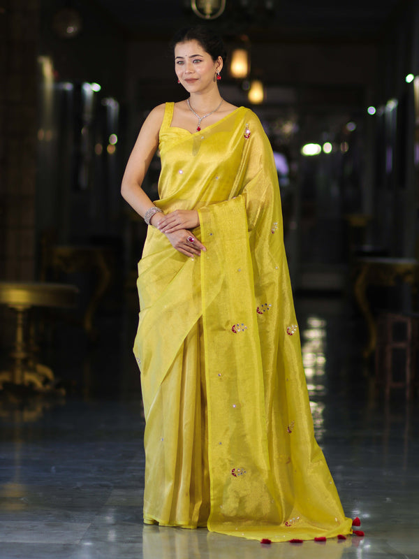 Banarasee Handwoven Tissue Saree With Floral Motifs & Mirror Work-Yellow