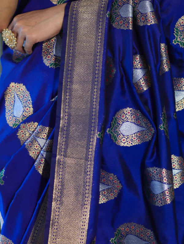 Banarasee Handloom Semi Katan Saree With Zari Buta Work & Border-Blue
