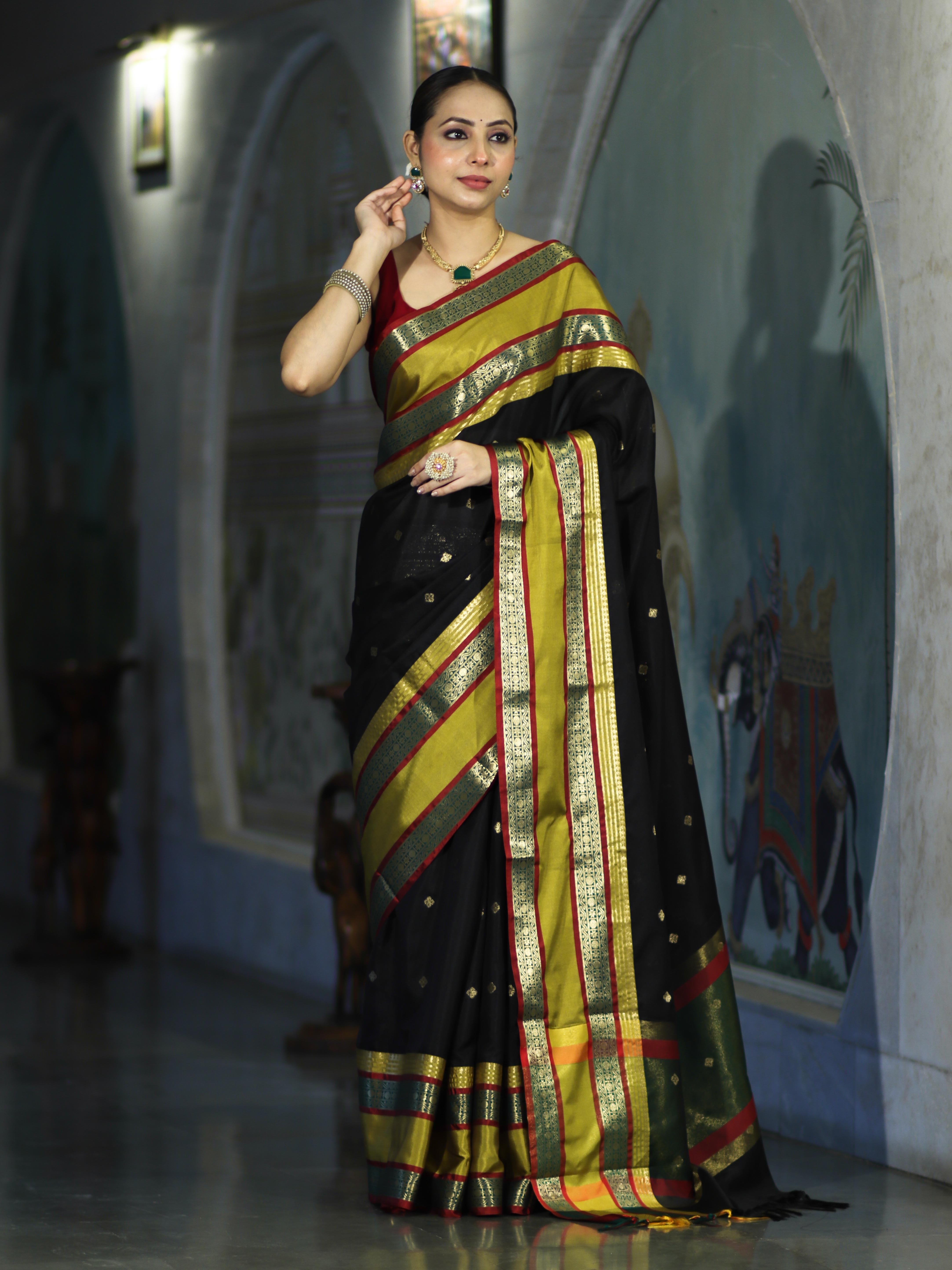 Banarasee Handloom Semi Silk Saree With Buti Design & Contrast Broad Border-Black & Lime Yellow