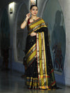 Banarasee Handloom Semi Silk Saree With Buti Design & Contrast Broad Border-Black & Lime Yellow