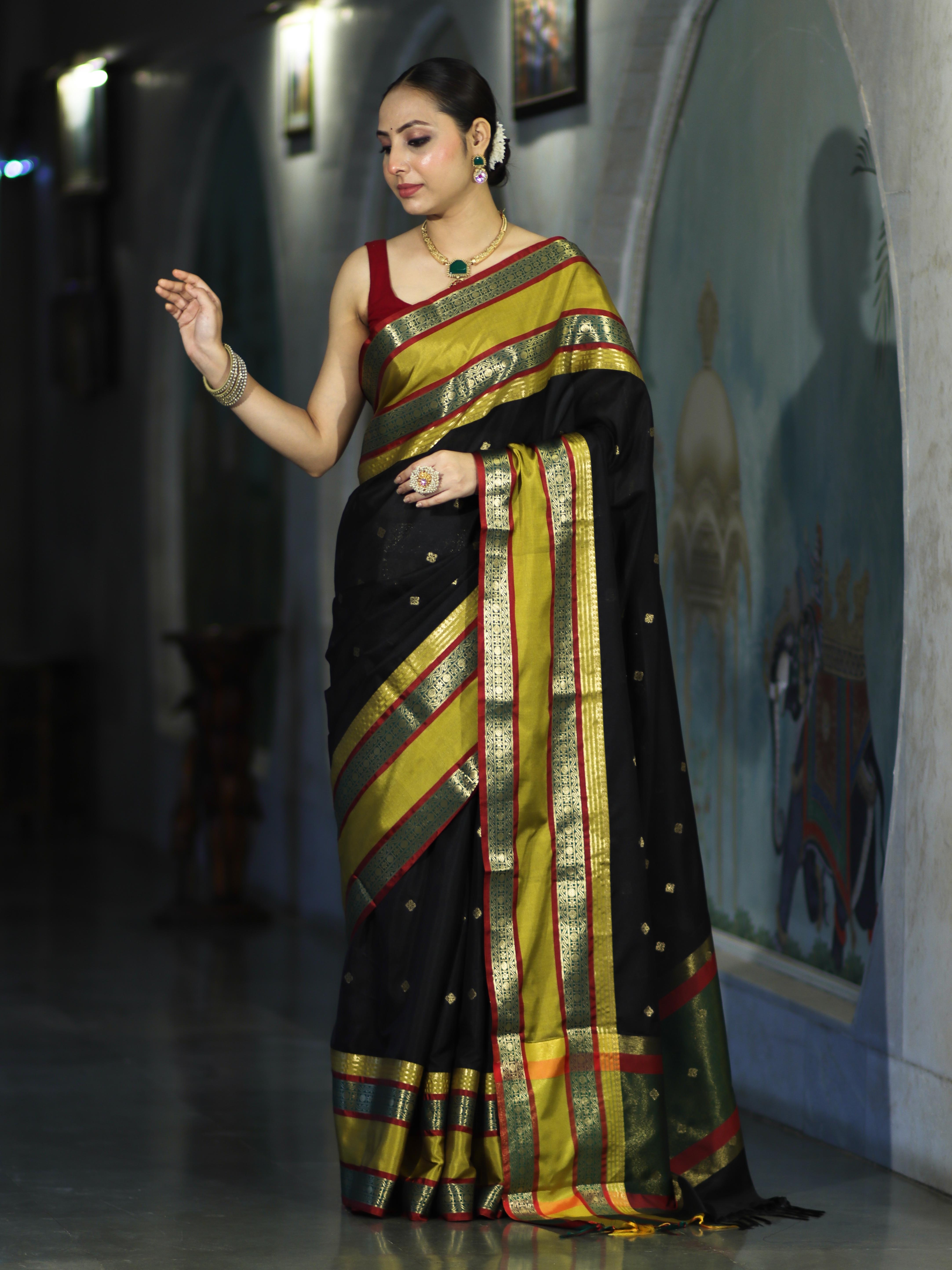 Banarasee Handloom Semi Silk Saree With Buti Design & Contrast Broad Border-Black & Lime Yellow
