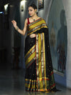 Banarasee Handloom Semi Silk Saree With Buti Design & Contrast Broad Border-Black & Lime Yellow
