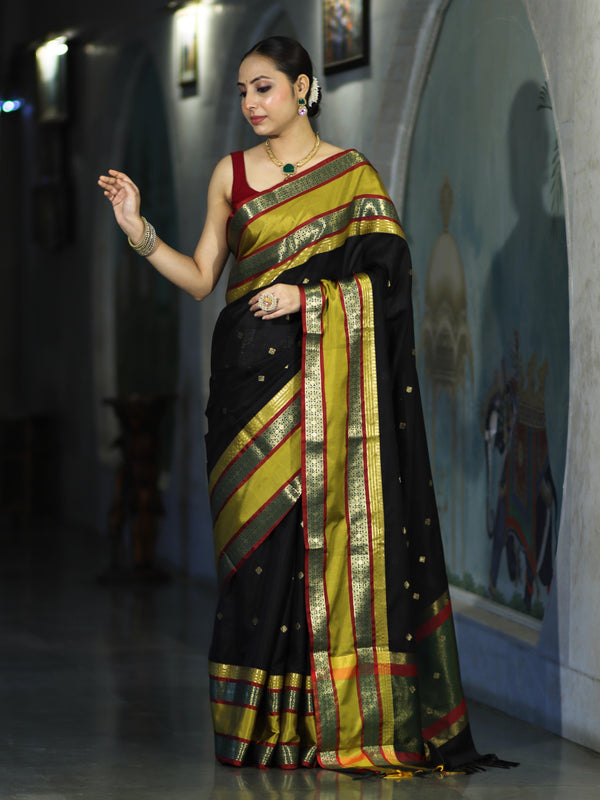 Banarasee Handloom Semi Silk Saree With Buti Design & Contrast Broad Border-Black & Lime Yellow