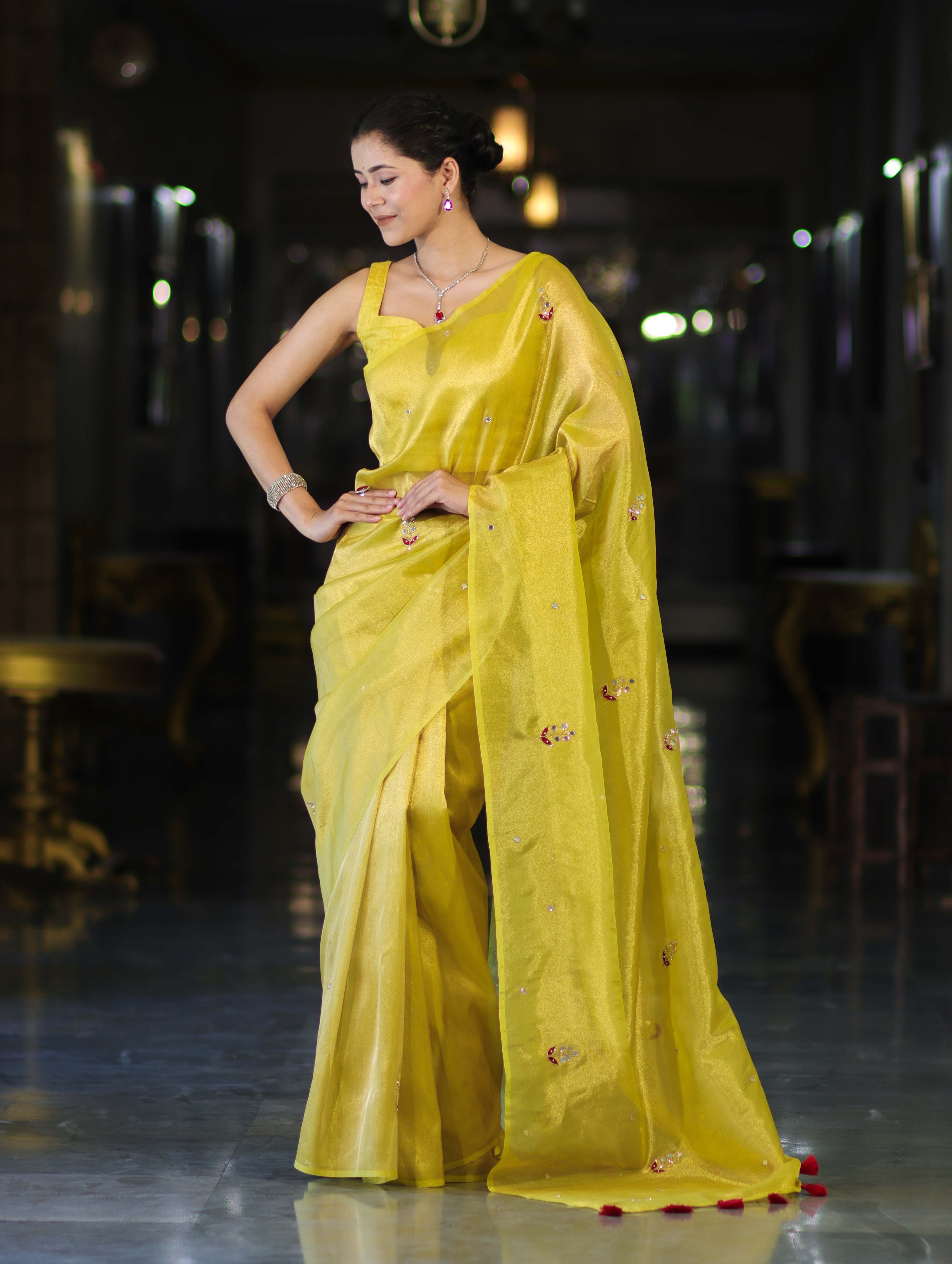 Banarasee Handwoven Tissue Saree With Floral Motifs & Mirror Work-Yellow