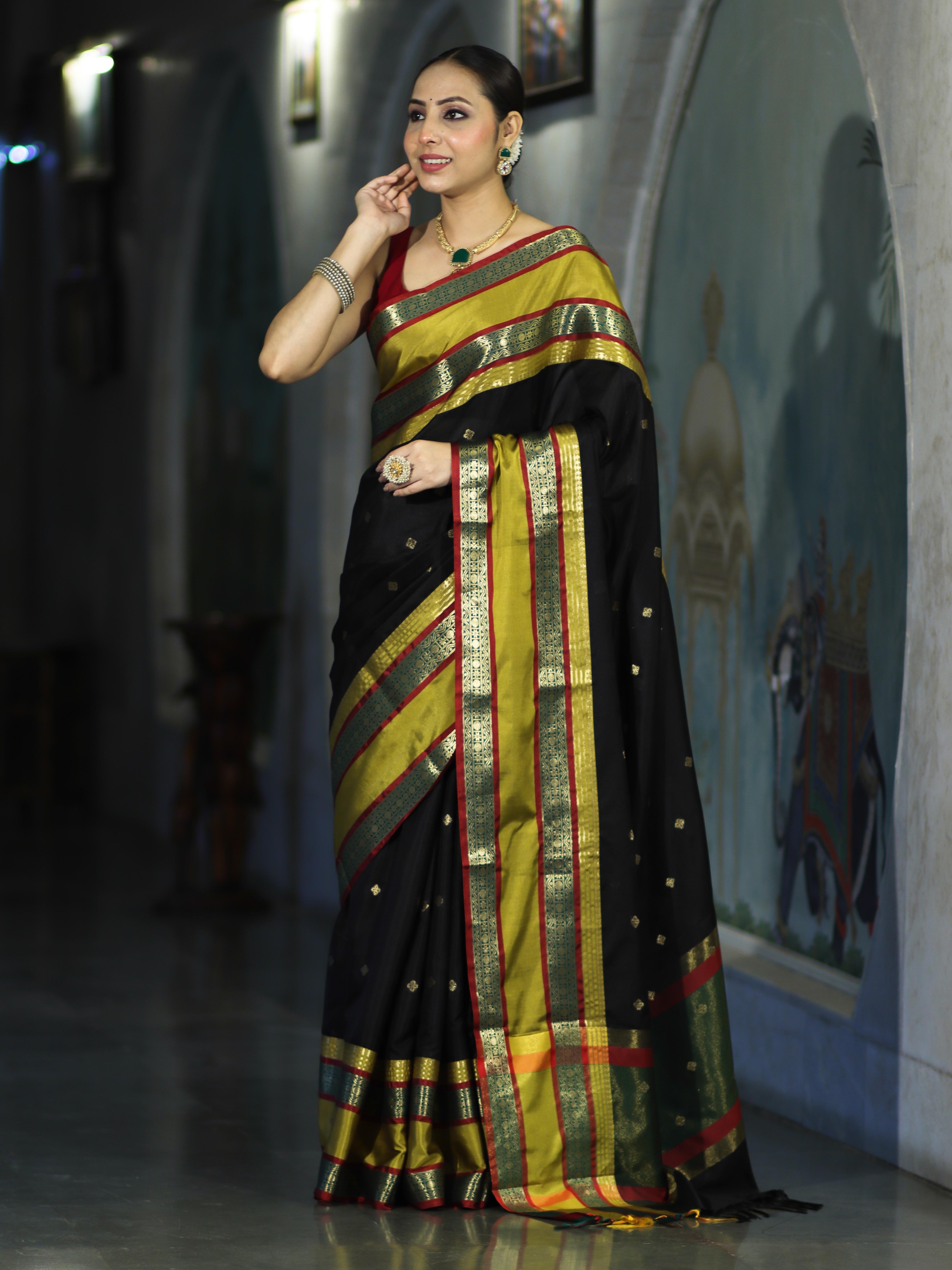 Banarasee Handloom Semi Silk Saree With Buti Design & Contrast Broad Border-Black & Lime Yellow