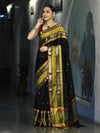 Banarasee Handloom Semi Silk Saree With Buti Design & Contrast Broad Border-Black & Lime Yellow