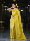 Banarasee Handwoven Tissue Saree With Floral Motifs & Mirror Work-Yellow