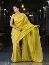 Banarasee Handwoven Tissue Saree With Floral Motifs & Mirror Work-Yellow