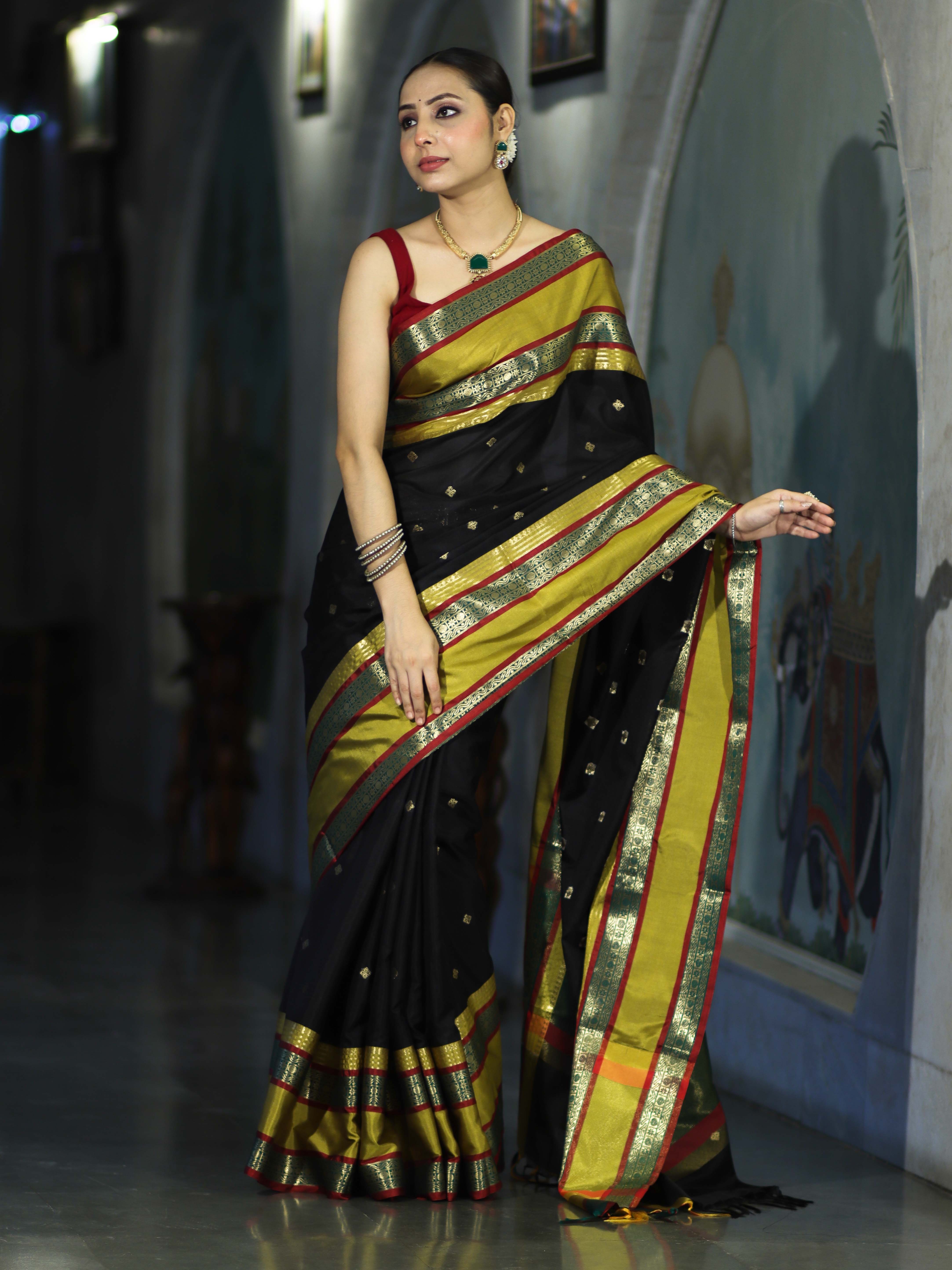 Banarasee Handloom Semi Silk Saree With Buti Design & Contrast Broad Border-Black & Lime Yellow