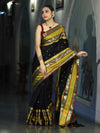 Banarasee Handloom Semi Silk Saree With Buti Design & Contrast Broad Border-Black & Lime Yellow