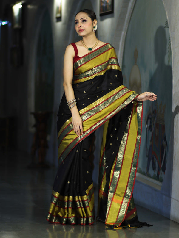 Banarasee Handloom Semi Silk Saree With Buti Design & Contrast Broad Border-Black & Lime Yellow