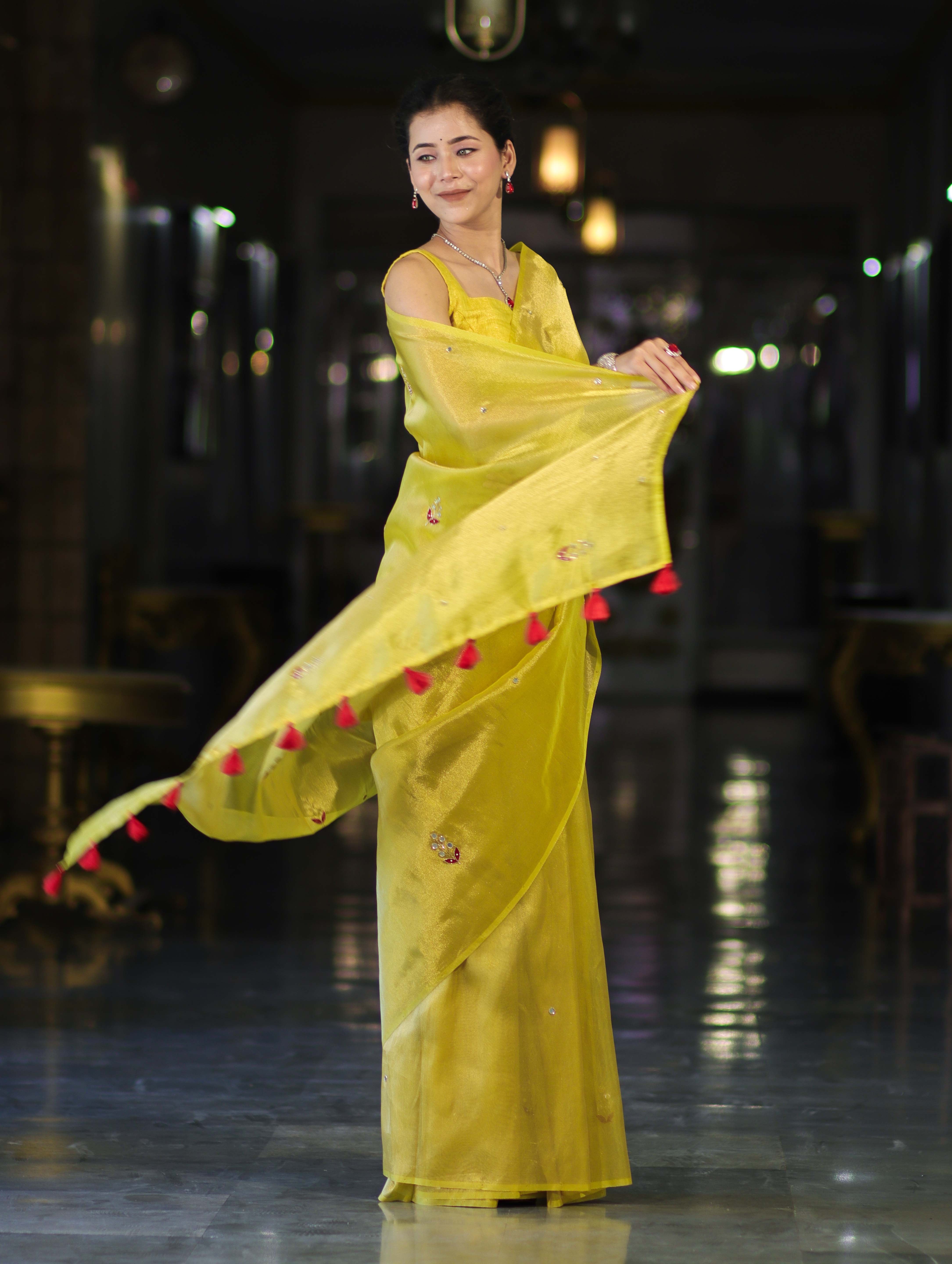Banarasee Handwoven Tissue Saree With Floral Motifs & Mirror Work-Yellow