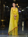 Banarasee Handwoven Tissue Saree With Floral Motifs & Mirror Work-Yellow