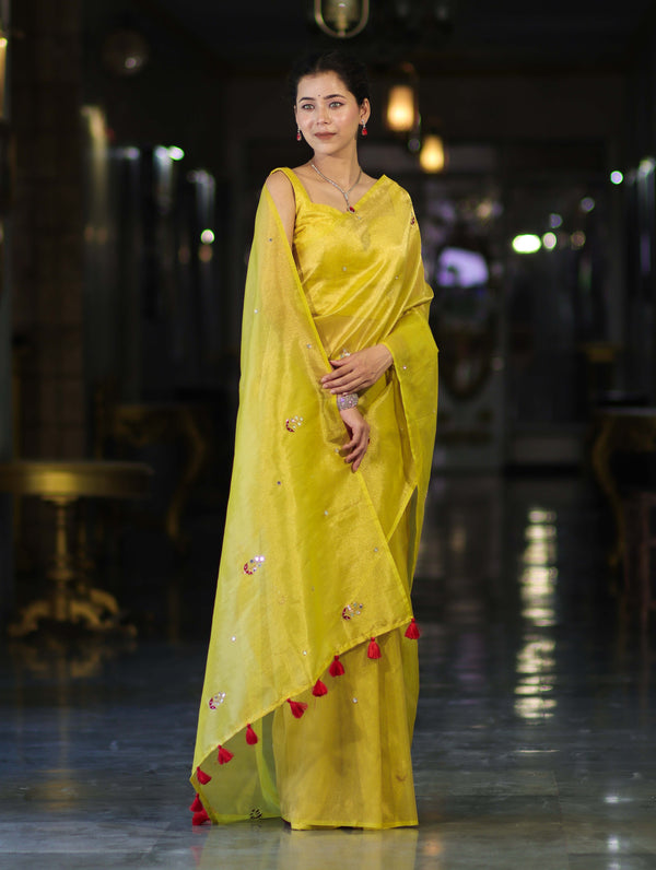 Banarasee Handwoven Tissue Saree With Floral Motifs & Mirror Work-Yellow