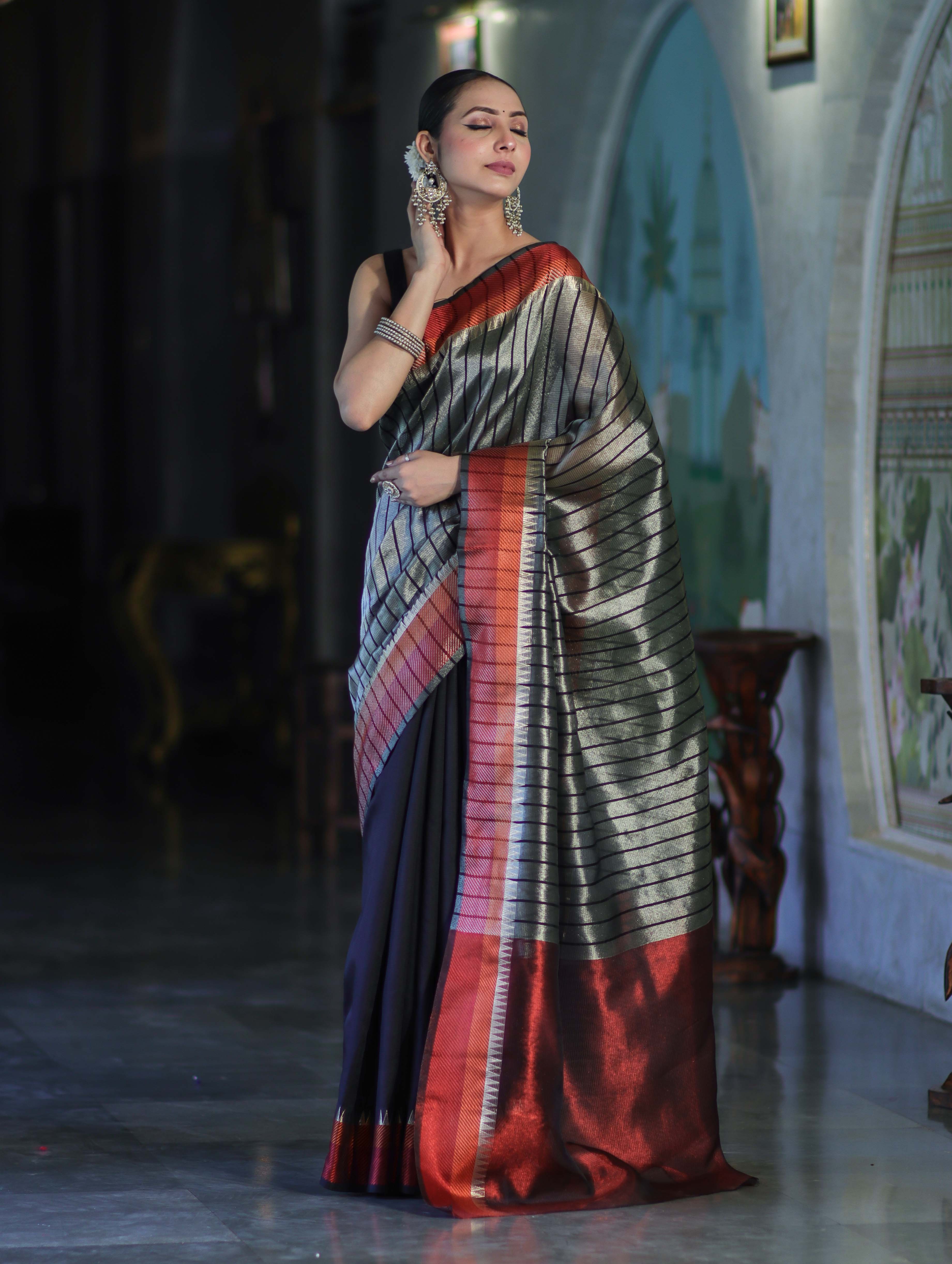 Banarasee Handloom Dual Color Tissue Saree With Stripe Pattern & Contrast Border-Grey & Black