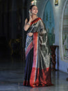 Banarasee Handloom Dual Color Tissue Saree With Stripe Pattern & Contrast Border-Grey & Black