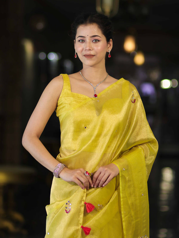 Banarasee Handwoven Tissue Saree With Floral Motifs & Mirror Work-Yellow