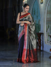 Banarasee Handloom Dual Color Tissue Saree With Stripe Pattern & Contrast Border-Grey & Black