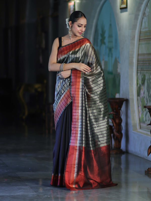 Banarasee Handloom Dual Color Tissue Saree With Stripe Pattern & Contrast Border-Grey & Black