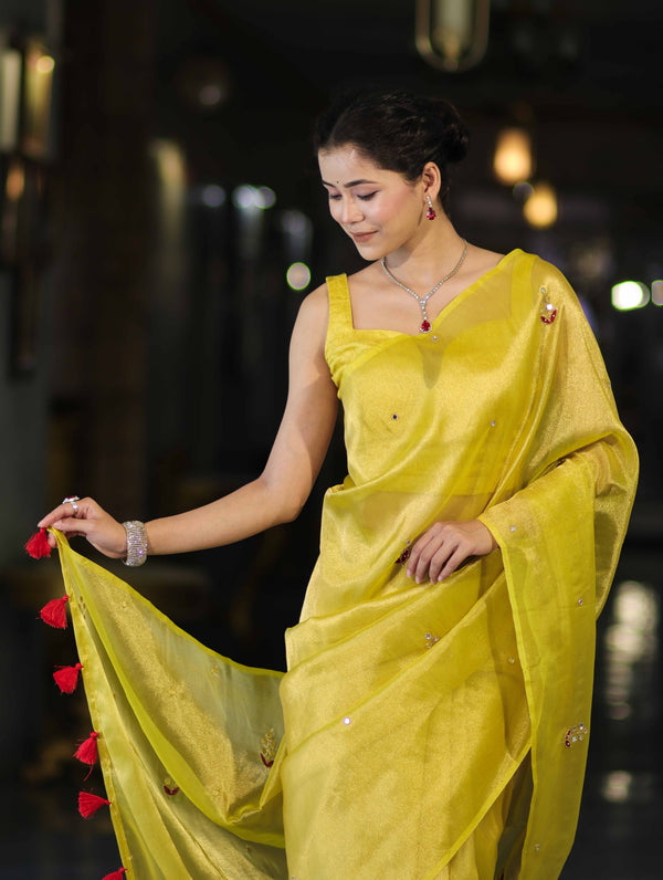 Banarasee Handwoven Tissue Saree With Floral Motifs & Mirror Work-Yellow