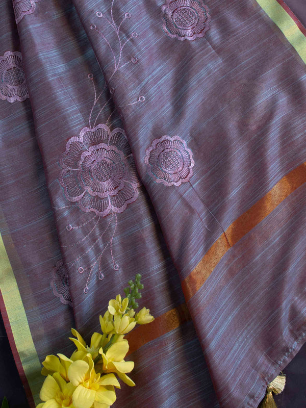 Banarasee Cotton Silk Embroidered Floral Design Dupatta-Purple (Dual Tone)