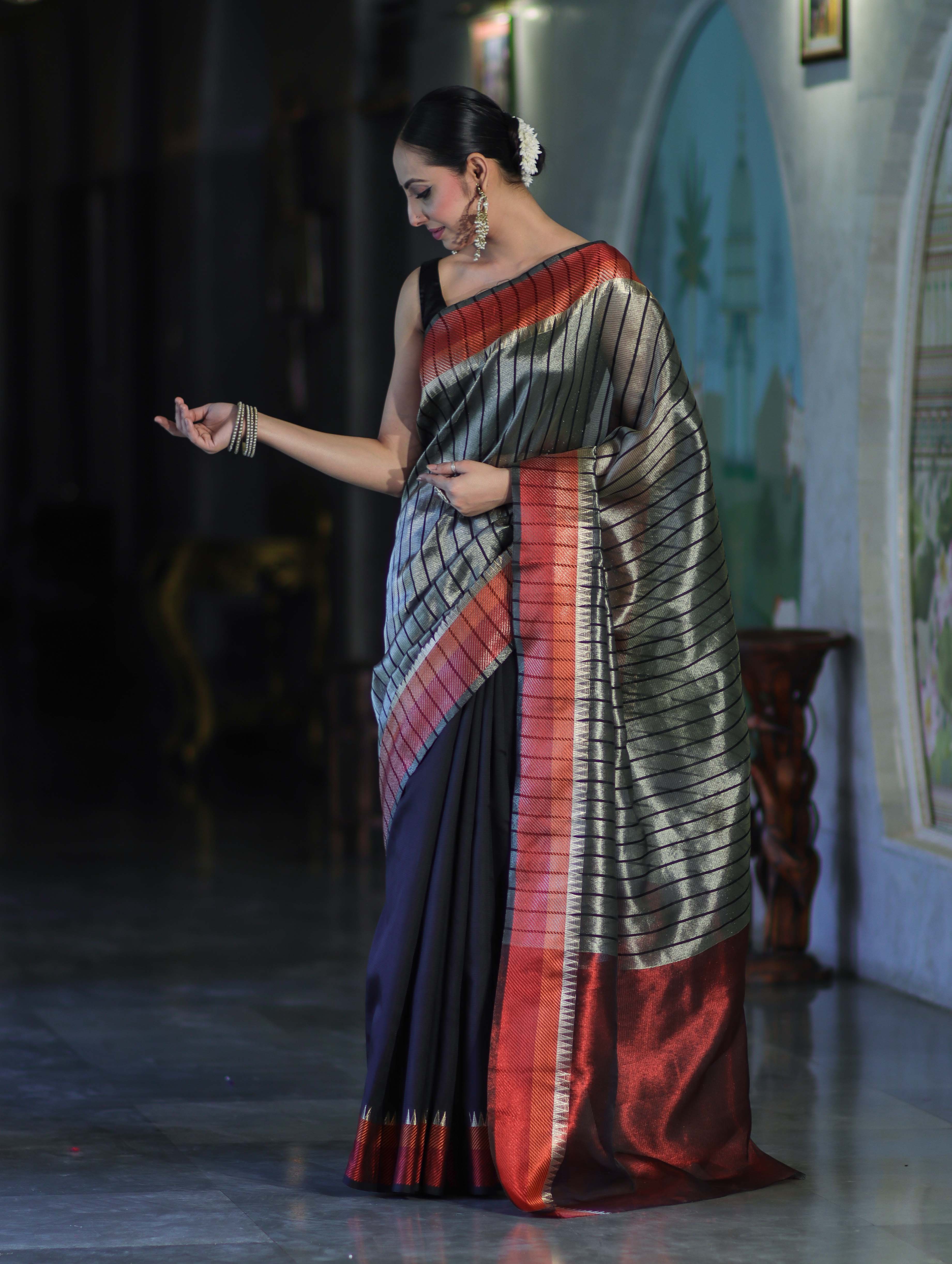 Banarasee Handloom Dual Color Tissue Saree With Stripe Pattern & Contrast Border-Grey & Black