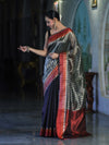 Banarasee Handloom Dual Color Tissue Saree With Stripe Pattern & Contrast Border-Grey & Black