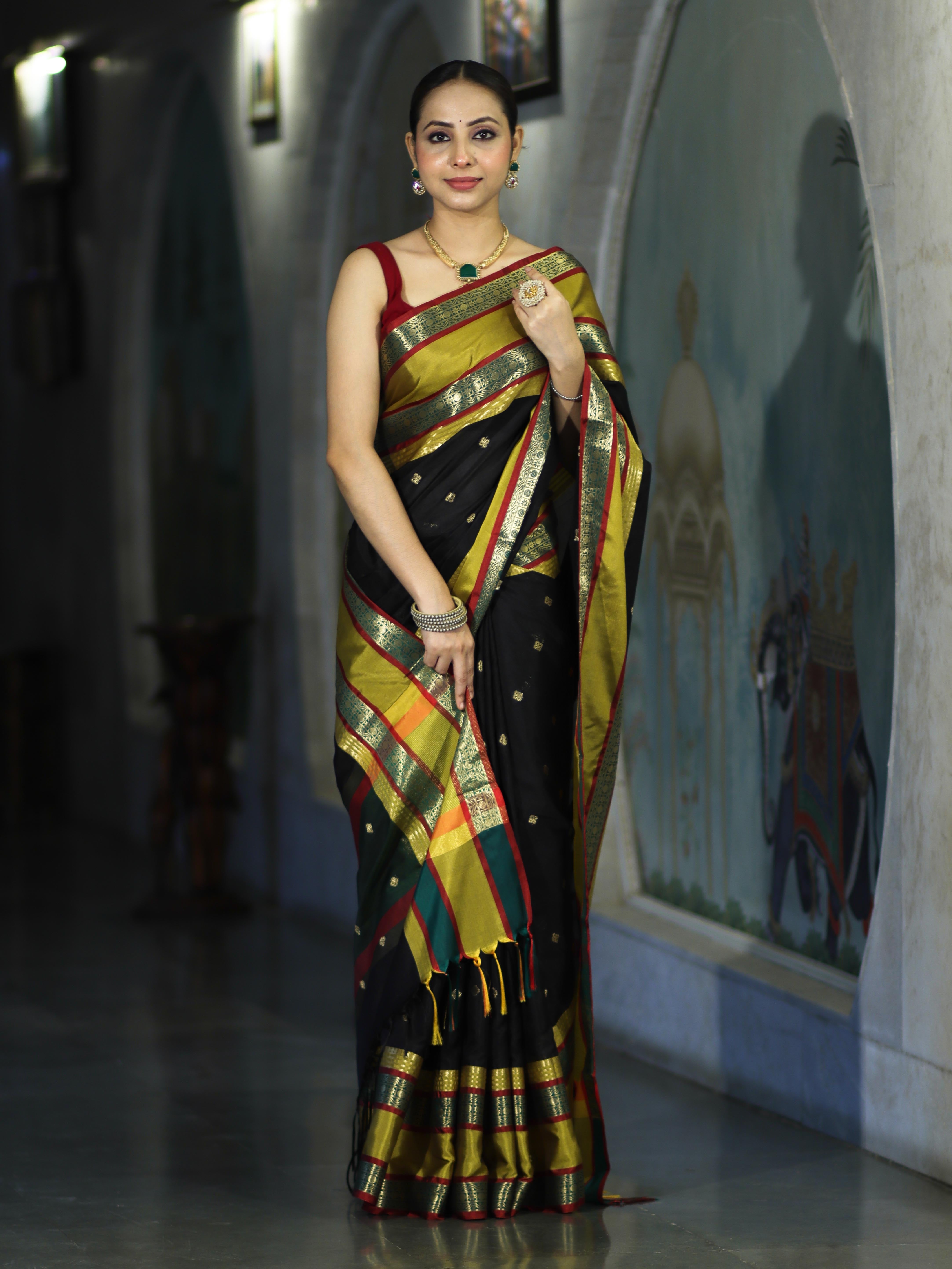 Banarasee Handloom Semi Silk Saree With Buti Design & Contrast Broad Border-Black & Lime Yellow