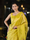 Banarasee Handwoven Tissue Saree With Floral Motifs & Mirror Work-Yellow