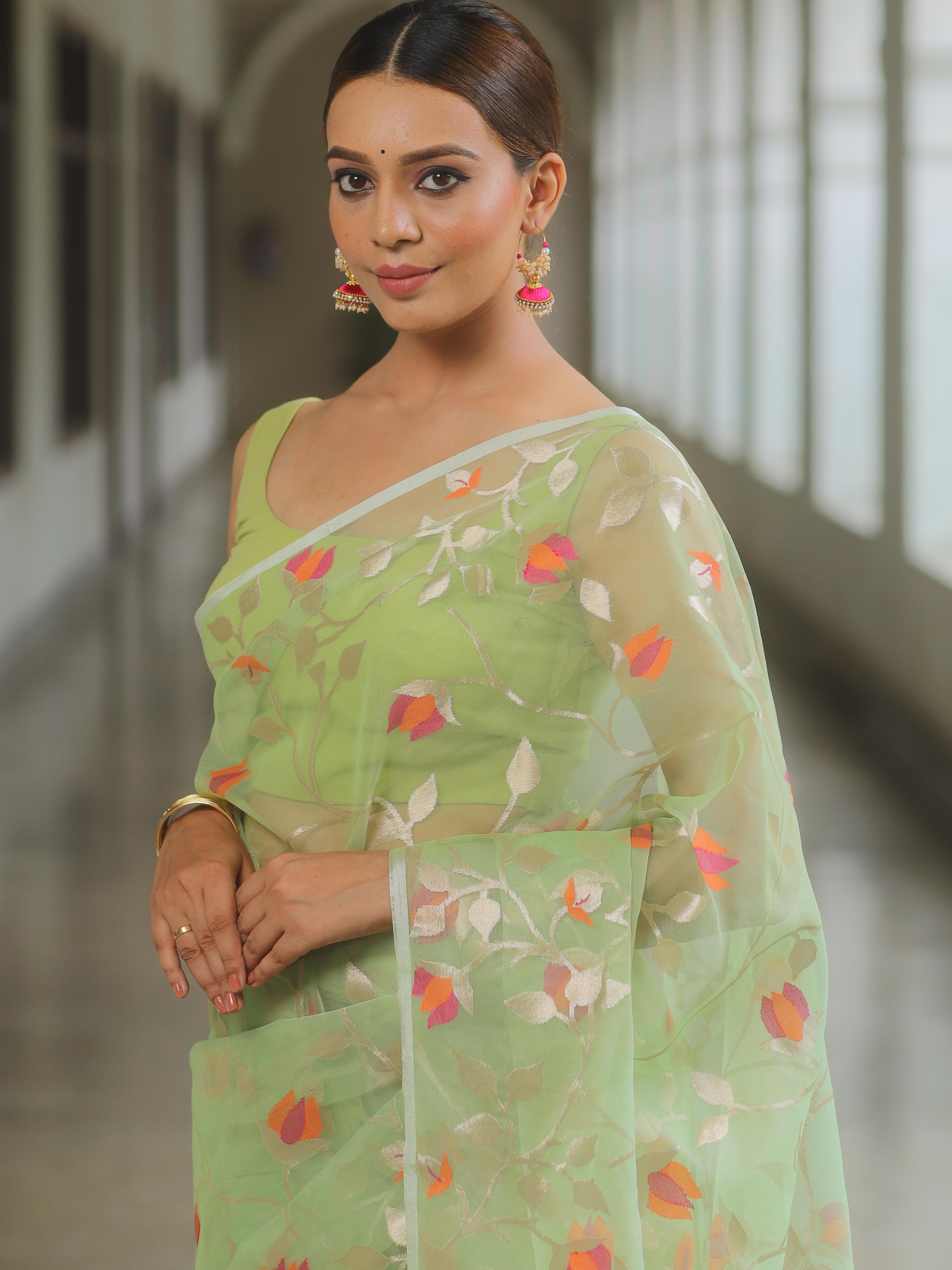 Banarasee Organza Mix Saree With Zari Jaal Design-Light Green